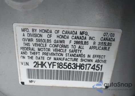 2003 Honda Pilot Ex-L из США, поврежденный, VIN 2HKYF18563H617451